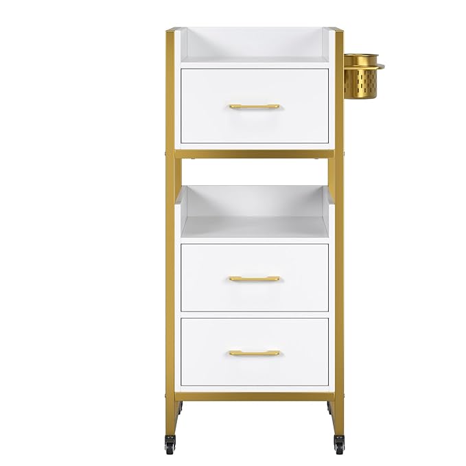 OmySalon Salon Trolley Cart, Hair Styling Station with 3 Drawers, 2 Open Shelf & Tool Holders, Mobile Barber Storage Cabinet Utility Trolley for Beauty Salon Spa,White