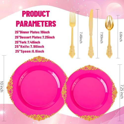 125PCS Hot Pink Plastic Plates for Wedding Party Birthday - Image 3
