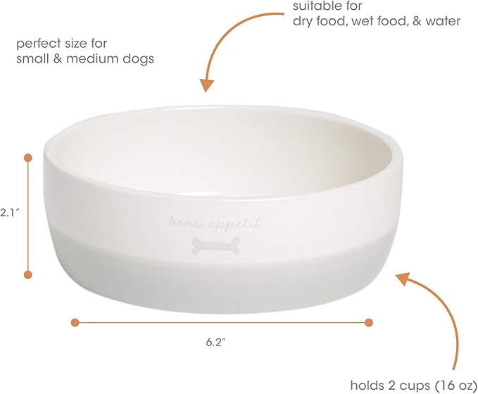 Pearhead Ceramic Bone Appétit Dog Bowl, Holds 2 Cups, Stoneware Food and Water Dish, Grey and White Pet Feeder, Small/Medium