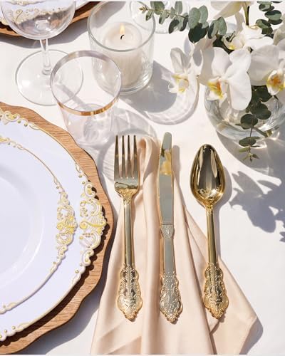 Nervure 175Pcs White and Gold Plastic Plates, Dinnerware Set for 25 Guests - Image 4