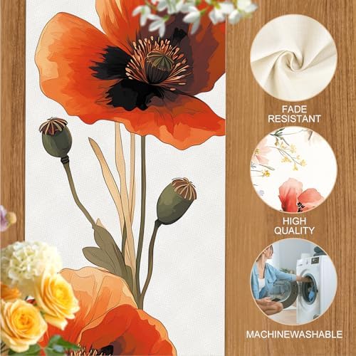 ANNA QUEEN Red Poppy Floral Table Runner and Placemats Set of 6, 13"x72" Table Runner with 12"x18" Washable Placemats, Bold Flower Dining Table Decor for 4 to 6 People Kitchen Decoration - Image 4