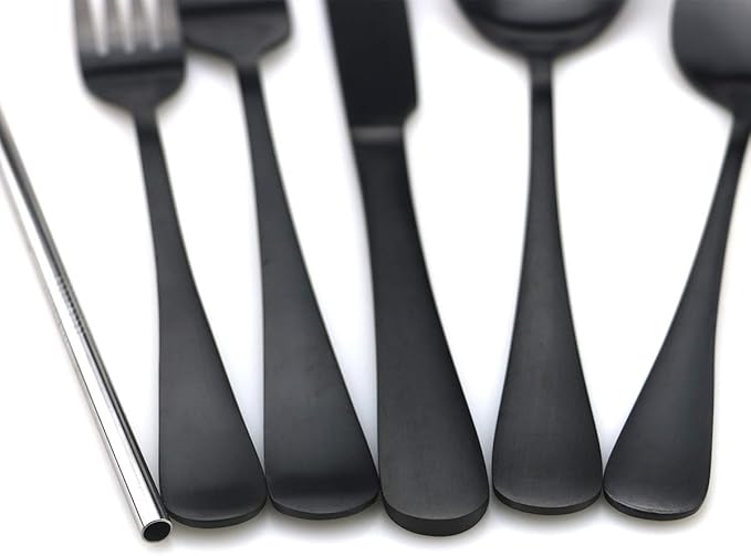 JASHII Modern Royal 5 Pcs Matte Black 18/10 Stainless Steel Utensils Cutlery Dinnerware Set w/Drinking Straw, Knife Fork and Spoon Flatware Set for Wedding Festival Christmas Party Service for 1