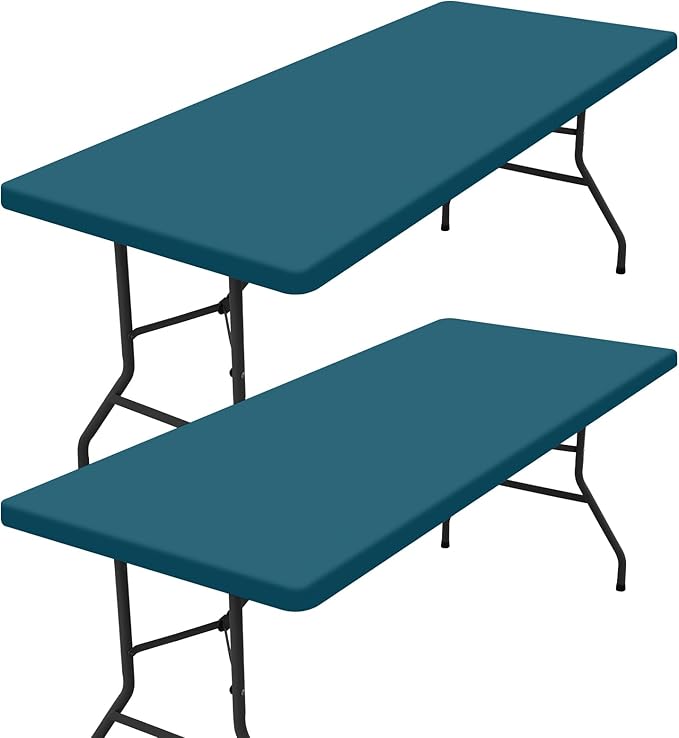 homing 2 Pack Rectangle Table Cloth, Elastic Fitted Fabric Tablecloth Fits for 6 Foot Folding Tables, Washable Table Cover for Picnic, Camping, Indoor & Outdoor (Peacock Blue, 30" x 72")