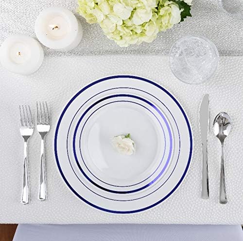 125-Piece White and Blue Fancy Plastic Plates Disposable with Silverware, Elegant Dinnerware for Weddings, Holiday Party China, Set of 25 Dinner + Salad Plates, 25 Spoons, 25 Forks, 25 Knives - Image 3