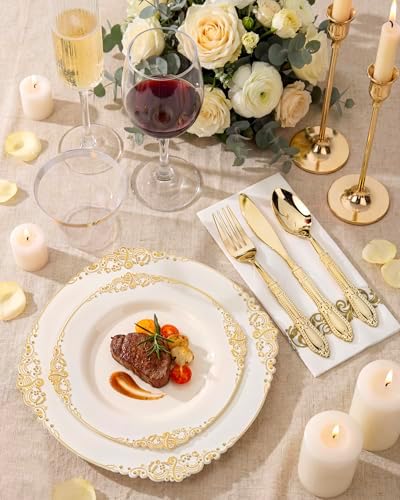 Morejoy 350PCS Lvory Plastic Plates,Lvory Gold Plastic Dinnerware Set - Image 2