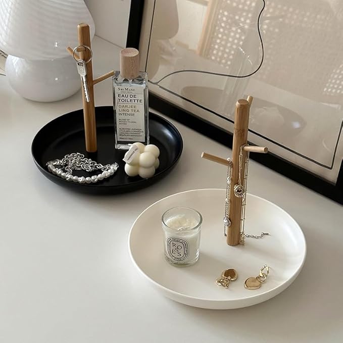Shinpuru Key Tray & Key Bowl, Jewelry Tray with Wood 3-Tier Hanging Organizer - Multi-Functional Entryway Tray, Perfect for Bowl, Valet, Ring Holder, Jewelry Dish Organize (Black Round)