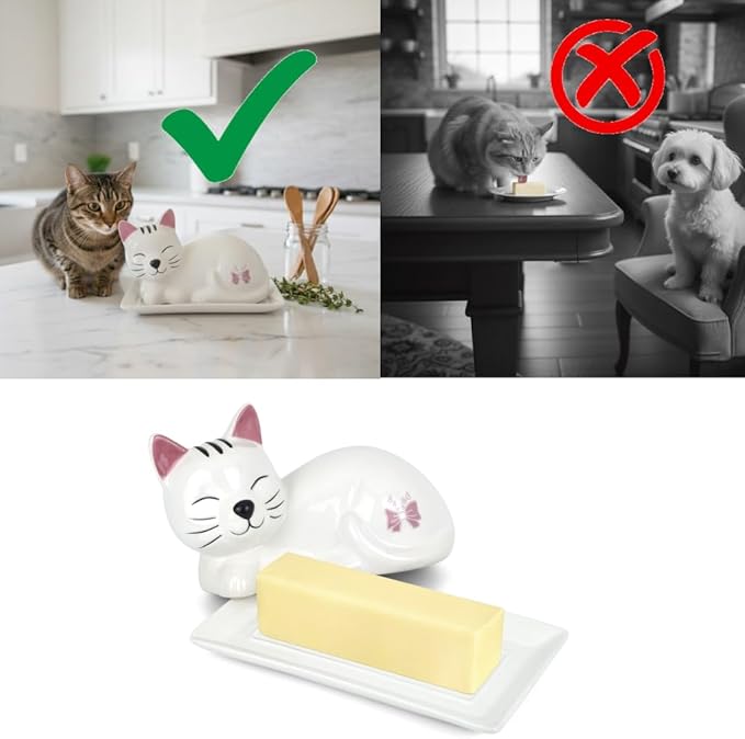Cat Butter Dish with Lid – Cute Ceramic Plate – Keeper to leave on counter – Gift for cat lovers – Decor for dining room table – Perfect housewarming gift – Butterbell dish