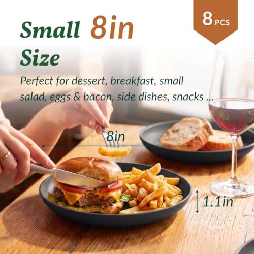 Homienly Wheat Straw Plates Unbreakable Deep Dessert Plates Set of 8 Plastic Plates Reusable Microwave Safe Plate for Kitchen Camping Party Dishwasher Safe Stackable Appetizer Plates (8in, Black) - Image 2