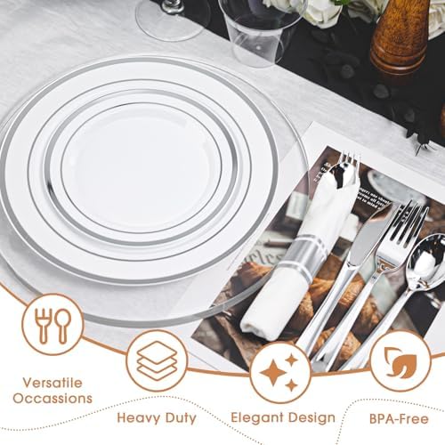 N9R 350PCS White Silver Plastic Plates, Disposable Dinnerware Set for Party - Image 6