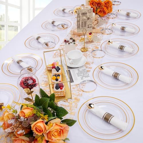 WELLIFE 210PCS Clear-Gold Plastic Plates - Dinnerware Sets for 30 Guests - 60 Disposable Plates, 90 Plastic Silverware, 30 Cups, 30 Napkins for Party - Image 5