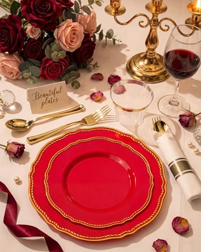 Hioasis 175 Pcs Red Gold Plastic Plates Wedding & Party - Image 3