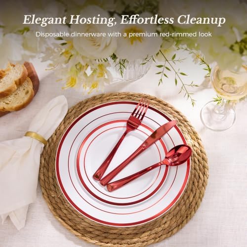Goodluck 250 PCS Red Rim Plastic Plates and Cutlery Set for 50 Guests - Image 2