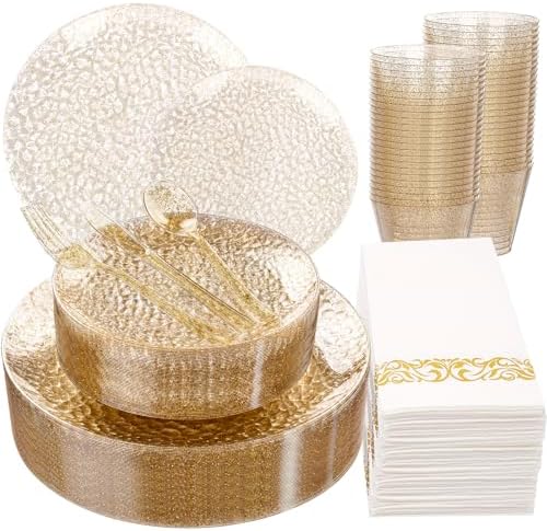 Rubtlamp 175 Pcs Gold Glitter Plastic Plates, Hammered Disposable Plates Set (25 Guests), Glitter Dinnerware Set Include 50 Plastic Plates, 75 Glitter Silverware, 25 Cups And 25 Napkins for Party by Rubtlamp