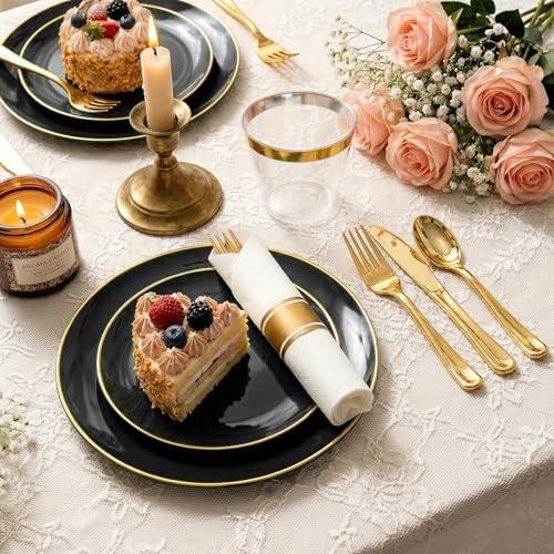 Black Gold Dinnerware Set Disposable Plates for 175PCS 25 Guests - Image 2