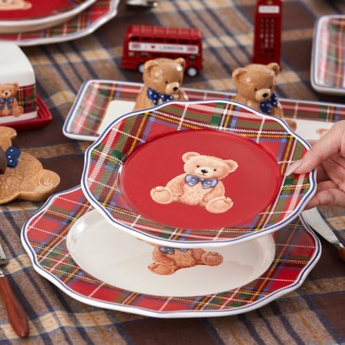Bico Blue Ribbon Teddy Bear Scalloped Salad Plates Set of 4, 8.75 Inch Ceramic Dessert Plates for Salad, Appetizer, Side Dishes, Microwave and Dishwasher Safe, Gift for Housewarming and Christmas - Image 5