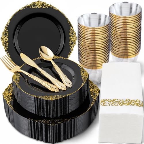 Morejoy 350PCS Black and Gold Plastic Plates Dinnerware Sets for 50 Guests by Morejoy