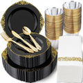 Morejoy 350PCS Black and Gold Plastic Plates Dinnerware Sets for 50 Guests by Morejoy