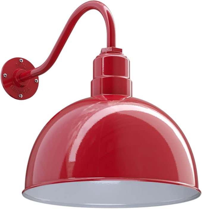 Steel Lighting Co. Hollywood Bowl Light | Outdoor Wall Mounted | 15 inch Bowl Dome | 16 inch Gooseneck | Barn Light Made in America | Red Exterior/White Interior