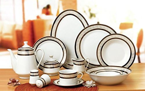 Euro Porcelain 57-pc Banquet Dinnerware Set, Luxury Tableware Dining Service for 8 (Greek Key Dark)