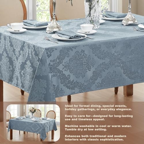 Newbridge Barcelona Damask Fabric Tablecloth, 60 x 120 Inch Rectangle, Blue – No Iron, Soil Resistant Table Cover for Dining, Parties and Holidays - Image 3