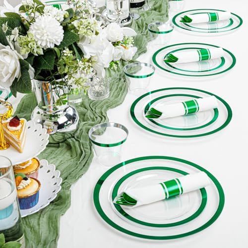 I00000 350 Green Plastic Plates, Clear Disposable Dinnerware Set for Party - Image 5