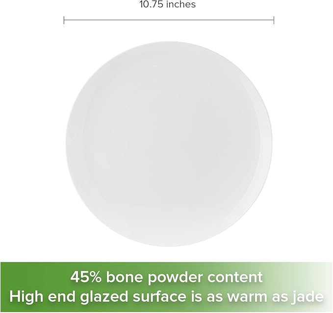 Fine Bone China Dinner Plates 6-Piece, Flate Plate, Pasta Plate 10.75 Inches, Fine Glaze With Pure White Color Sturdy and Durable, Thin Thickness and Light Weight, Microwave and Dishwasher Safe
