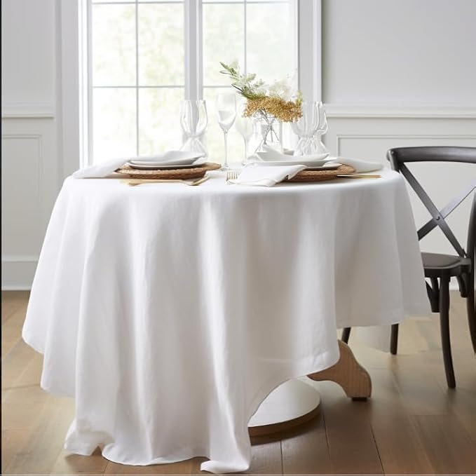 EVERLY 100% Pure Linen Round Tablecloths 80Inch Round Machine Washable Tablecloth for Thanksgiving,Decorative Halloween,Buffet Parties,Picnic,Events,Weddings and Restaurants-White
