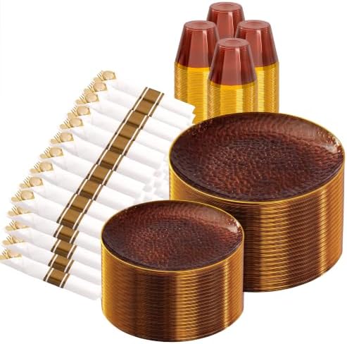 Rubtlamp 700Pcs Amber Gold Plastic Dinnerware Set, Hammered Clear Gold Plates, Fancy Plastic Plates Include 100 Dinner Platos, 100 Salad Platos, 100 Cups,100 Pack Pre Rolled gold plastic Silverware by Rubtlamp