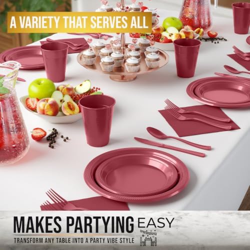 Exquisite 350 Pcs Burgundy Plastic Plates For Party, Burgundy Disposable Plates Set, 50 Of Each 9" Dinner Plate Set, 7" Dessert Plate, Cups, Napkins & Cutlery Plastic Dinnerware Set - Image 4
