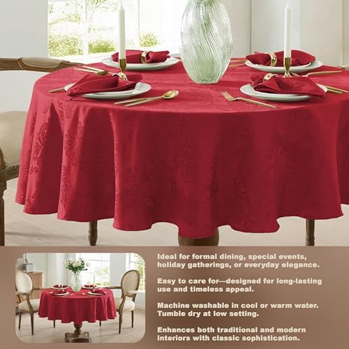 Newbridge Barcelona Damask Fabric Tablecloth, 90 Inch Round, Red – No Iron, Soil Resistant Table Cover for Dining, Parties and Holidays - Image 4