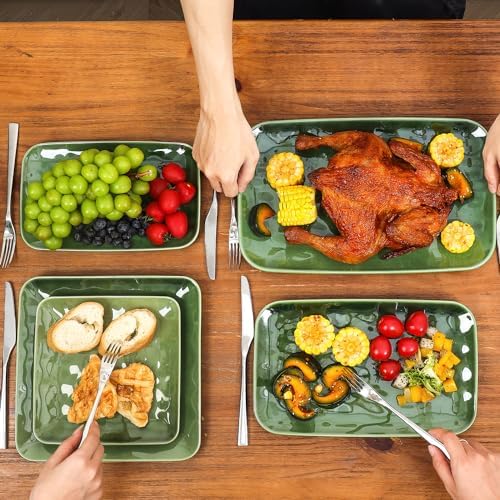 vicrays Ceramic Rectangle Serving Platters - 14" 12" 10" Porcelain Serving Trays Plates for Party BBQ Appetizers Sushi Dessert - Microwave Oven and Dishwasher Safe - Set of 3 Green - Image 6