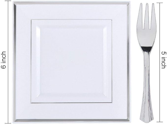 WDF Silver Plastic Dessert Plates with Plastic Forks - 6” 100 Square Disposable Appetizer Plates Small Plates Cake Plates with Silver Rim &100 Small Appetizer Forks for Party Wedding Valentine's Day