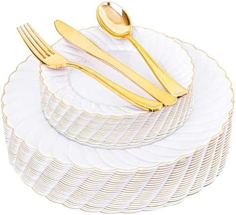 YOUBET 125PCS White and Gold Plastic Plates for Wedding Parties by YOUBET