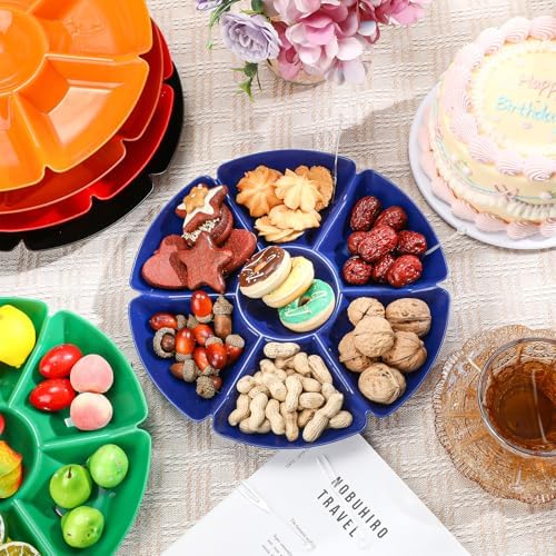 Zhehao 6 Pcs Plastic Divided Serving Trays with 60 Pcs Disposable Fork, 7 Compartments Round Chip Dip Plate, Petal Shape Platter, 10.6'' Snacks Serving Dish for Party Candy Nuts Fruits (Warm Color) - Image 7