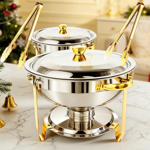 ALSO GO Round Chafing Dishes for Buffet with Serving Tongs, 7QT Chafing Dishes Buffet Set, Golden Stainless Steel Catering Food Warmer for for Party, Gathering, Banquet, Wedding by ALSOGO