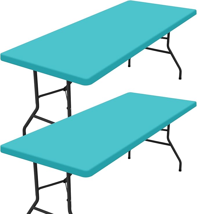 homing 2 Pack Rectangle Table Cloth, Elastic Fitted Fabric Tablecloth Fits for 8 Foot Folding Tables, Washable Table Cover for Picnic, Camping, Indoor & Outdoor (Turquoise, 30" x 96")