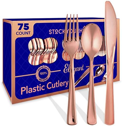 75-Pcs Heavy Duty (Rose Gold) Plastic Silverware Set, Disposable Cutlery Set, Great for Parties, Weddings, and Catering, Flatware Utensils Included: 25 Forks, 25 Spoons, 25 Knives, Stock Your Home by StockYourHome