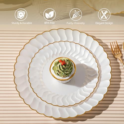 Lullaby 60PCS Pearl White Scalloped Plastic Plates with Gold Rim for Party - Image 3