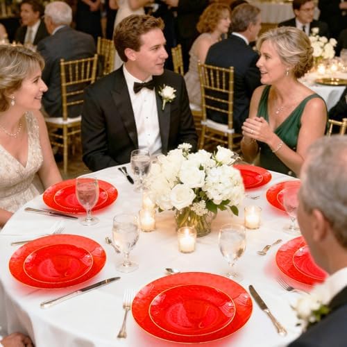 64 Pcs Red Plasitc Plates for Patriotic Day, 32 Guests Clear Red Plates with Gold Rim, Hammered Plastic plate for 4th of July, Baby Shower Wedding - Image 6