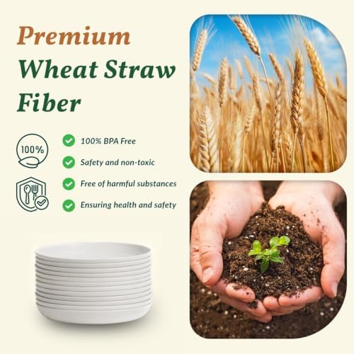 Homienly 12 PCS Wheat Straw Plates 10 Inch Unbreakable Deep Salad Plates Set Microwave Safe Plastic Plates for Apartment, Camping, Gathering Dishwasher Safe Bread & Butter Plates for Dessert (White) - Image 3