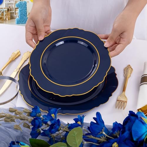 Liacere 175PCS Navy Blue Plastic Plates-Disposable Blue Gold - 25guest Baroque Plastic Dinnerware include 50Plates,25Pack Pre Rolled Napkins with Silverware 25Cups for Party & Wedding & Labor Day - Image 7