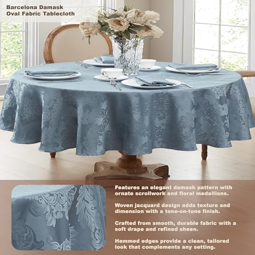 Newbridge Barcelona Damask Fabric Tablecloth, 60 x 84 Inch Oval, Blue – No Iron, Soil Resistant Table Cover for Dining, Parties and Holidays - Image 3