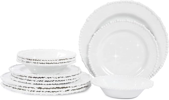 White Pearl Melamine Dinnerware Set, 12-Piece Plastic Dinner Dishes Set, Service for 4 Unbreakable Kitchen Plates and Bowls Set