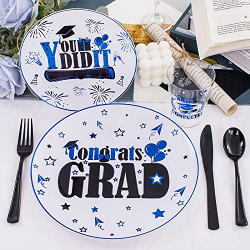 Liacere 150PCS Graduation Plastic Plates - Black and Blue Plastic Plates, Party Plates include 50Plates 25Knives 25Forks 25Spoons 25Cups for Graduation Party - Image 3