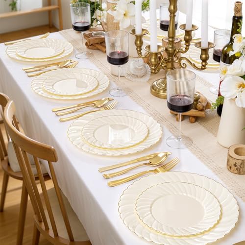 YOUBET 125PCS Ivory Scalloped Plastic Plates for Party Wedding - Image 3