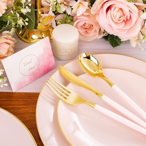 Liacere 150PCS Plastic Plates-Gold Plastic Silverware with Pink Handle - Pink Disposable Plates Include 30 Guests Plates, Forks, Spoons, Knives for Wedding ＆ Party (Pack of 2) - Image 3