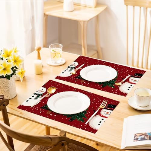 ANNA QUEEN Christmas Table Runner and Placemats Set of 6, 13"x72" Table Runner with 12"x18" Placemats, Holiday Dining Decor with Snowman & Tree Pattern in Red - Image 7
