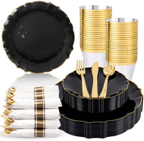 bUCLA 175PCS Black Plastic Plates - 25 Guests Gold Rim Disposable for Party by BUCLA