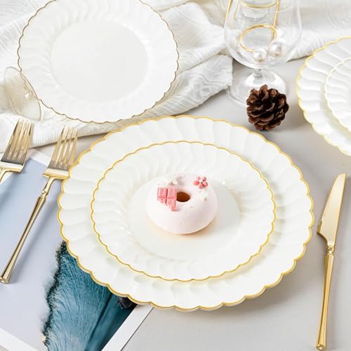 Lullaby 96PCS Ivory Scalloped Plastic Plate with Gold Rim for Party Wedding - Image 5