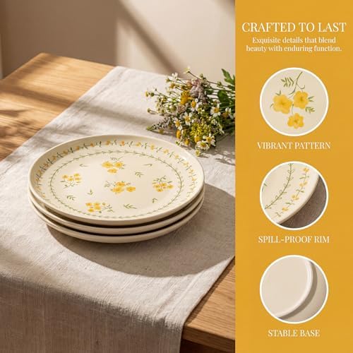 Modern Yellow Daisy Ceramic Dinner Plates, Set of 6, 10.25-Inch Large Serving Plates for Kitchen, Microwave, Oven & Dishwasher Safe - Image 2